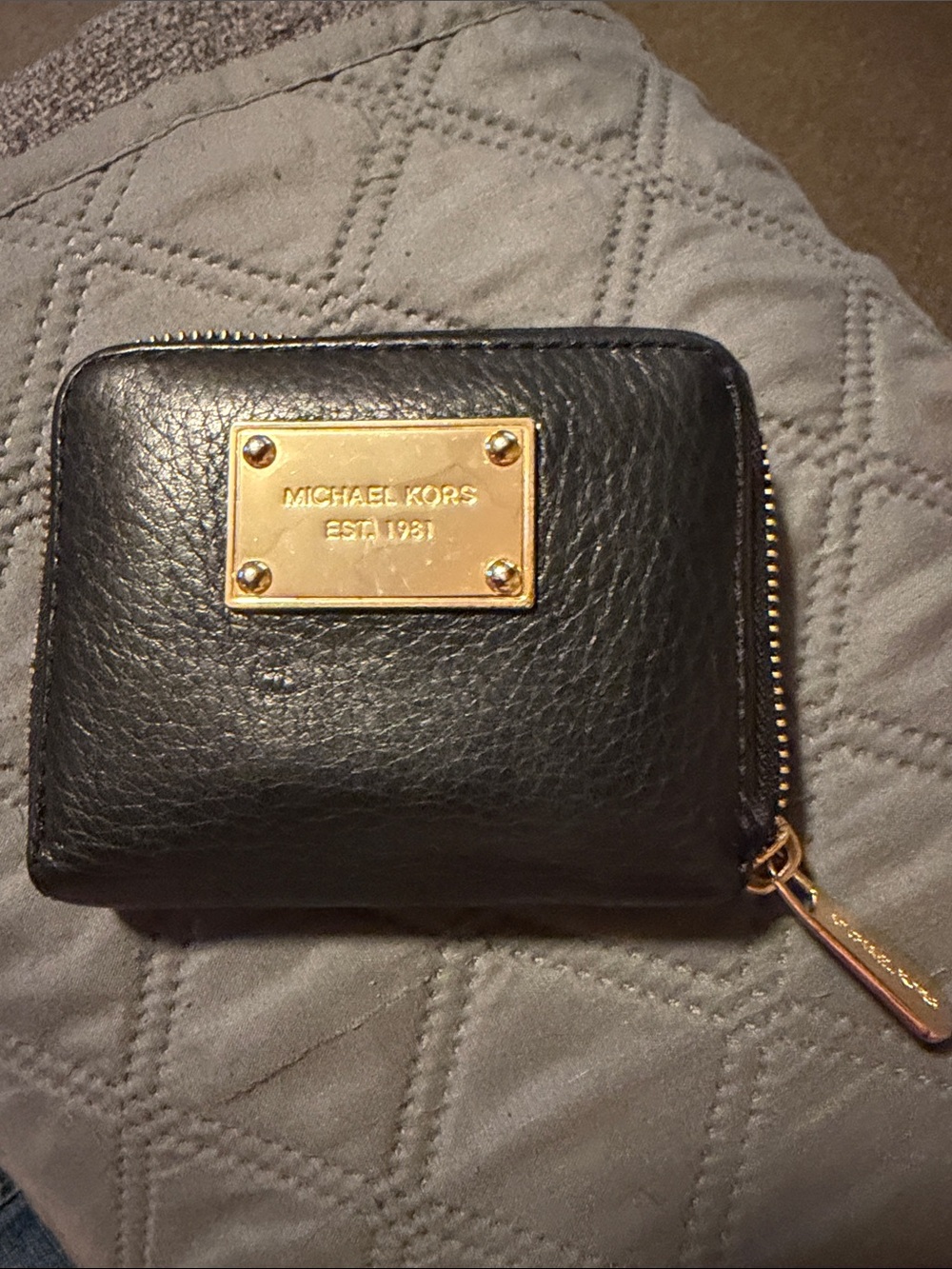 Michael Kors Black Leather Zip Card Holder with Gold Plate